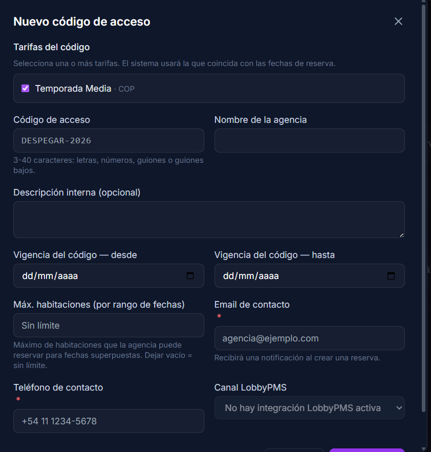 Modal código de acceso