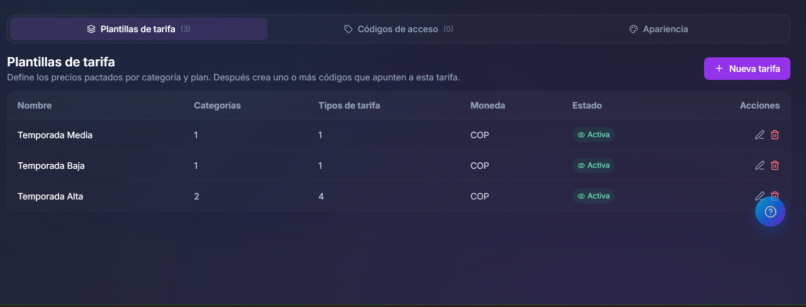 Platilla de Tarifas